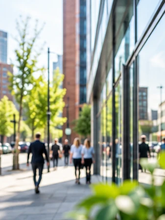 A city-centre walkway beside a glass-fronted office building