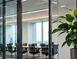 A bright glass-fronted meeting space